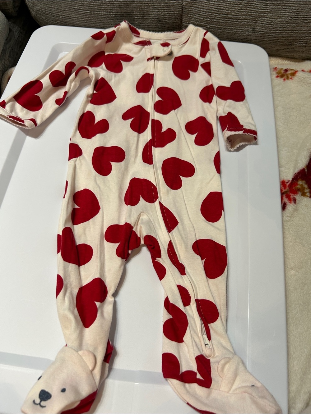 Carter's Cream One-Piece Footed Pajamas with Red Heart Print